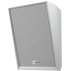 White wall-mounted speaker with a perforated metal grille and angled body.
