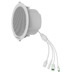 Round industrial speaker with mounting brackets and bundled cables, gray with perforated grille (PA/siren component)