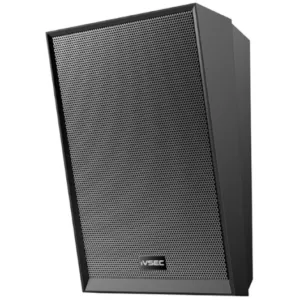Black angled loudspeaker cabinet with a perforated front grille and matte finish
